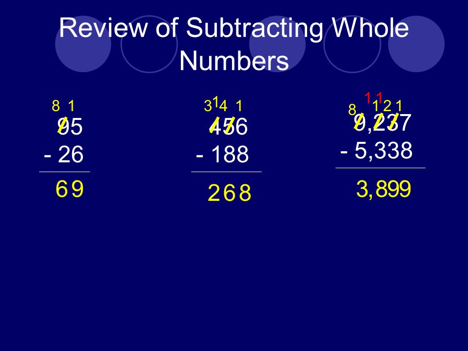 Review of Subtracting Whole Numbers , , ,
