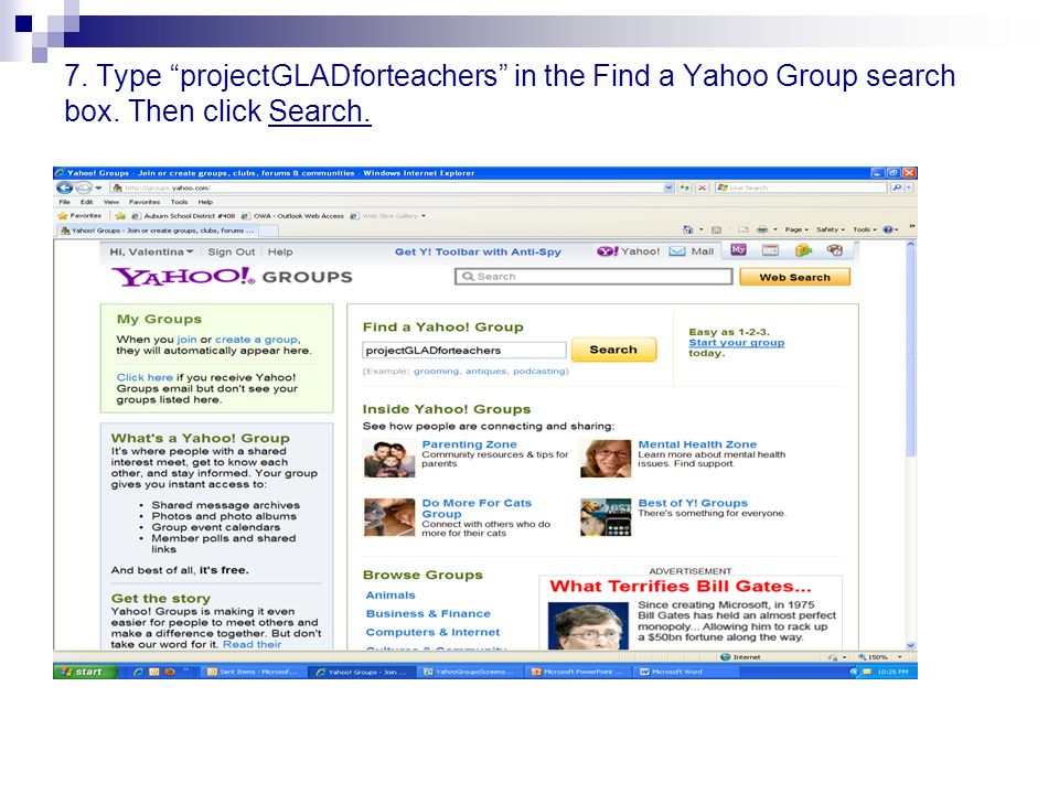 7. Type projectGLADforteachers in the Find a Yahoo Group search box. Then click Search.