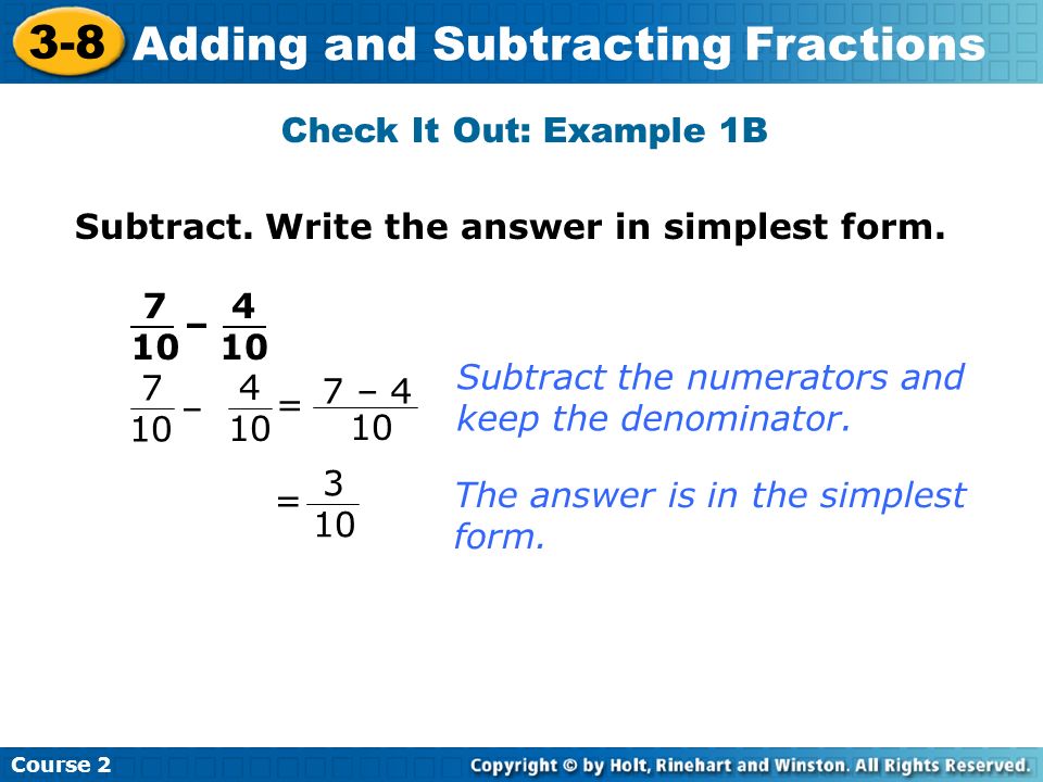 3 8 adding and subtracting fractions course 2 warm up warm up 3 10 in simplest form