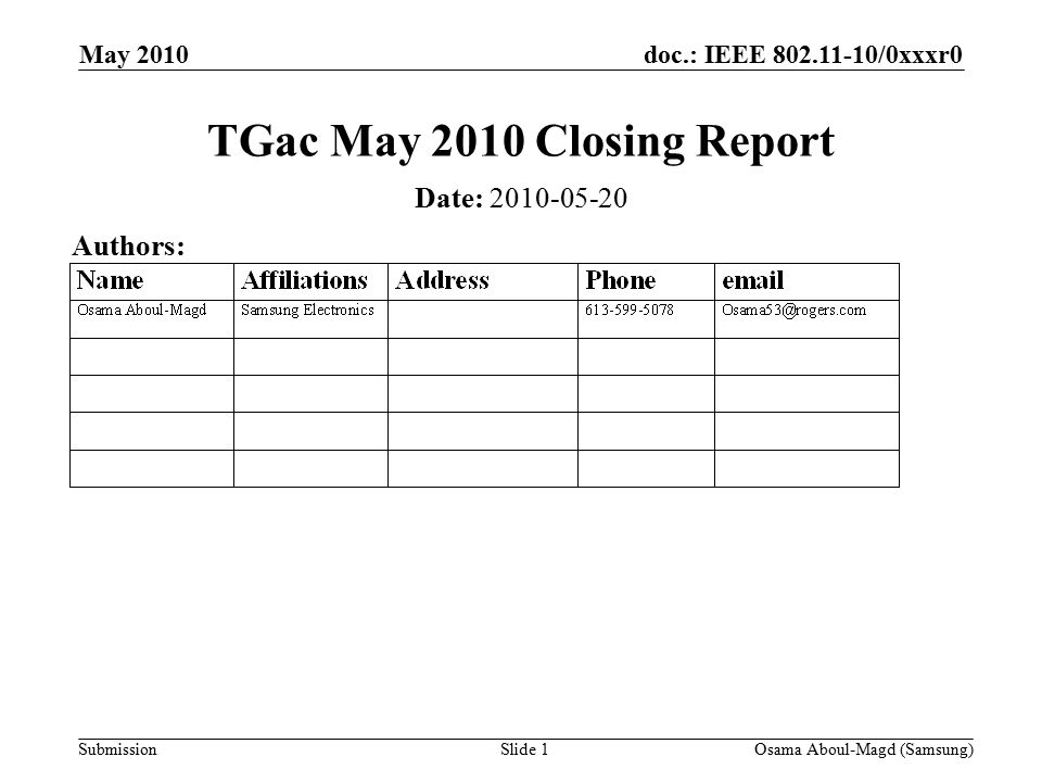 doc.: IEEE /0xxxr0 Submission May 2010 Osama Aboul-Magd (Samsung)Slide 1 TGac May 2010 Closing Report Date: Authors: