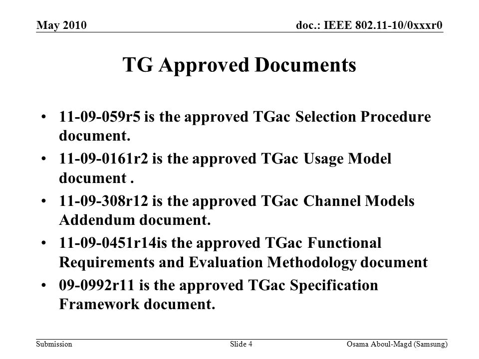 doc.: IEEE /0xxxr0 Submission TG Approved Documents r5 is the approved TGac Selection Procedure document.