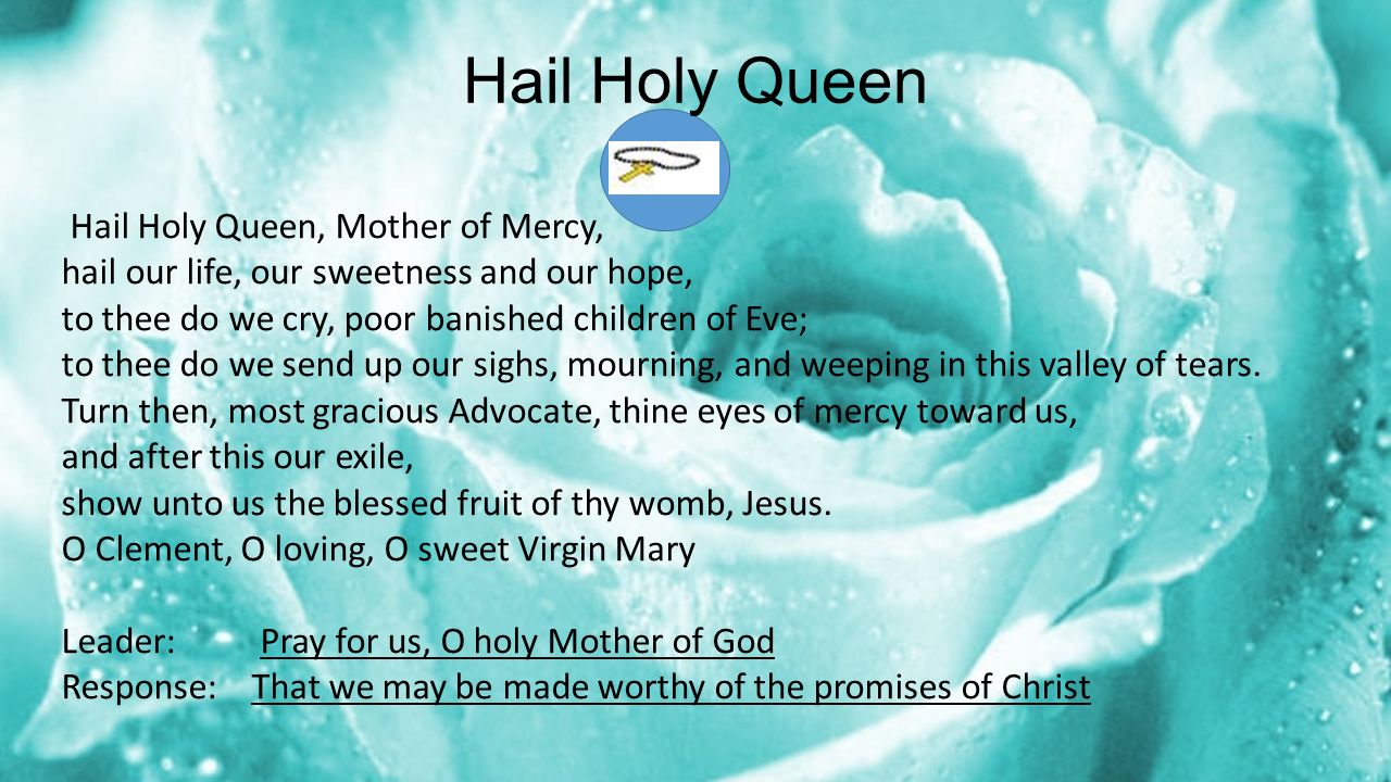 Hail Holy Queen Hail Holy Queen, Mother of Mercy, hail our life, our sweetness and our hope, to thee do we cry, poor banished children of Eve; to thee do we send up our sighs, mourning, and weeping in this valley of tears.