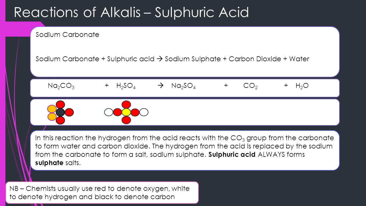 reactions of alkalis 3 understand that alkalis neutralise acids to sodium bicarbonate and sulfuric acid react to form sodium sulfate water and carbon dioxide