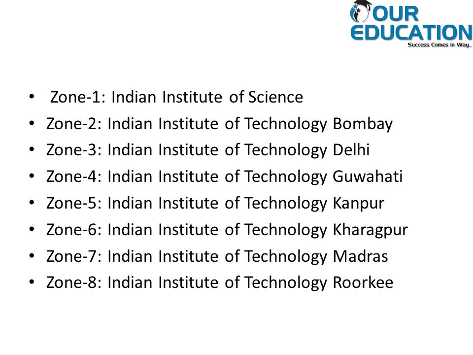 Zone-1: Indian Institute of Science Zone-2: Indian Institute of Technology Bombay Zone-3: Indian Institute of Technology Delhi Zone-4: Indian Institute of Technology Guwahati Zone-5: Indian Institute of Technology Kanpur Zone-6: Indian Institute of Technology Kharagpur Zone-7: Indian Institute of Technology Madras Zone-8: Indian Institute of Technology Roorkee