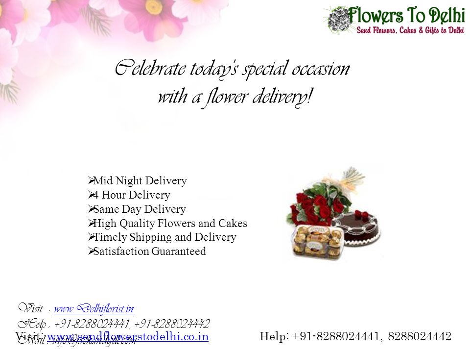  Mid Night Delivery  4 Hour Delivery  Same Day Delivery  High Quality Flowers and Cakes  Timely Shipping and Delivery  Satisfaction Guaranteed Visit :   Help : , Mail : Celebrate today s special occasion with a flower delivery.