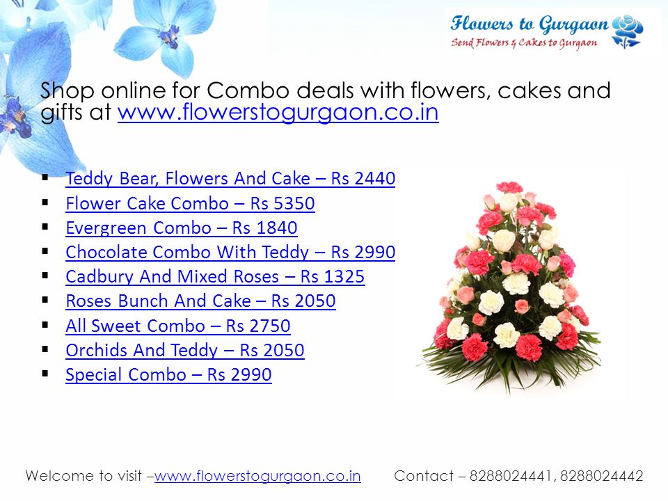 Shop online for Combo deals with flowers, cakes and gifts at      Teddy Bear, Flowers And Cake – Rs 2440 Teddy Bear, Flowers And Cake – Rs 2440  Flower Cake Combo – Rs 5350 Flower Cake Combo – Rs 5350  Evergreen Combo – Rs 1840 Evergreen Combo – Rs 1840  Chocolate Combo With Teddy – Rs 2990 Chocolate Combo With Teddy – Rs 2990  Cadbury And Mixed Roses – Rs 1325 Cadbury And Mixed Roses – Rs 1325  Roses Bunch And Cake – Rs 2050 Roses Bunch And Cake – Rs 2050  All Sweet Combo – Rs 2750 All Sweet Combo – Rs 2750  Orchids And Teddy – Rs 2050 Orchids And Teddy – Rs 2050  Special Combo – Rs 2990 Special Combo – Rs 2990 Welcome to visit –  Contact – , www.flowerstogurgaon.co.in