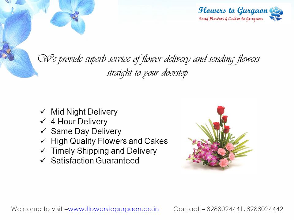 Mid Night Delivery 4 Hour Delivery Same Day Delivery High Quality Flowers and Cakes Timely Shipping and Delivery Satisfaction Guaranteed We provide superb service of flower delivery and sending flowers straight to your doorstep.