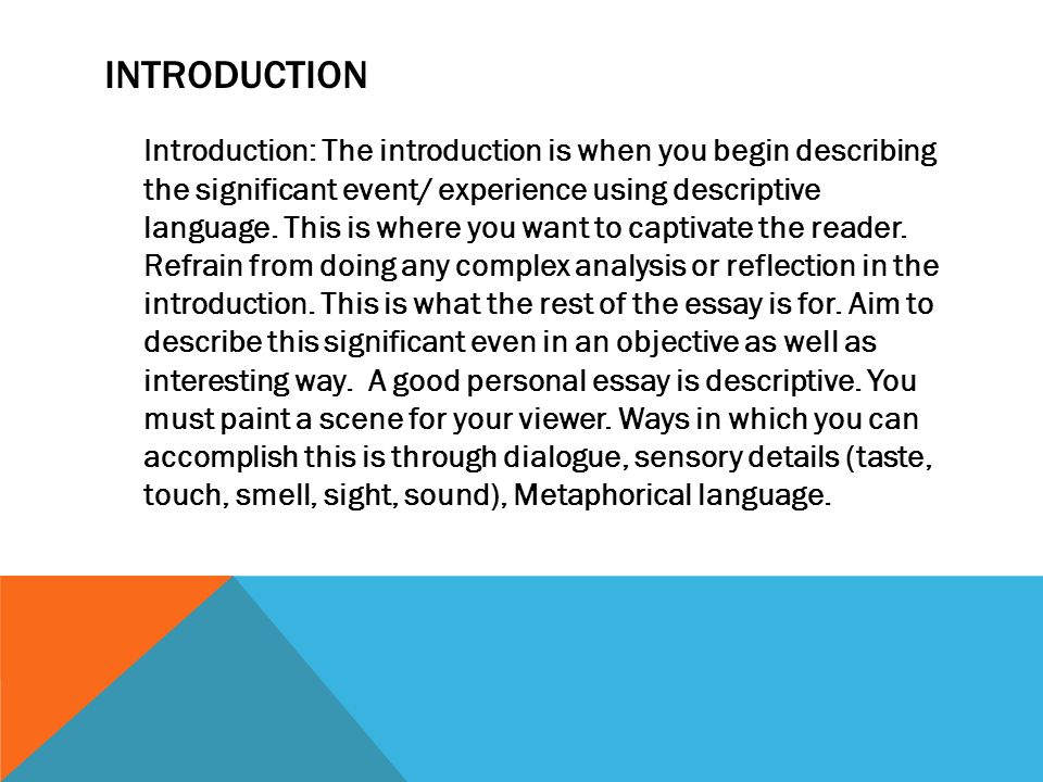 Informative Essay Topic Ideas The Personal Essay And College Essay Writing The Purpose Of The Introduction Introduction The Introduction Is Essay On Cyber Bullying also Life Experience Essay Examples Describe An Event Essay Describe Essay Example Co Essay In Doc Essay Writing On Media