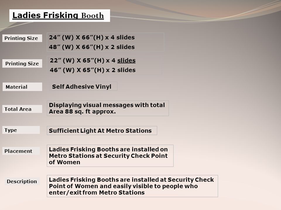 Ladies Frisking Booths are installed on Metro Stations at Security Check Point of Women Ladies Frisking Booths are installed at Security Check Point of Women and easily visible to people who enter/exit from Metro Stations Ladies Frisking Booth Printing Size 24 (W) X 66 (H) x 4 slides 48 (W) X 66 (H) x 2 slides Type Sufficient Light At Metro Stations Placement Description Total Area Displaying visual messages with total Area 88 sq.