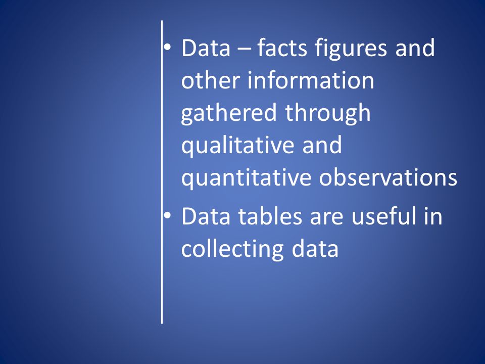 Data – facts figures and other information gathered through qualitative and quantitative observations Data tables are useful in collecting data