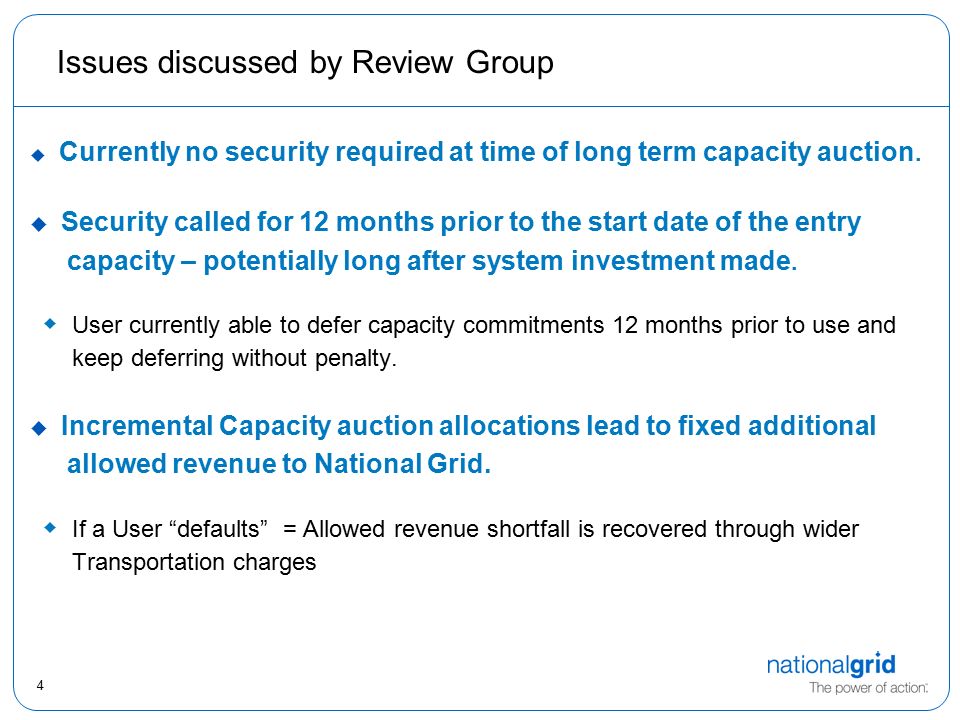 4 Issues discussed by Review Group  Currently no security required at time of long term capacity auction.