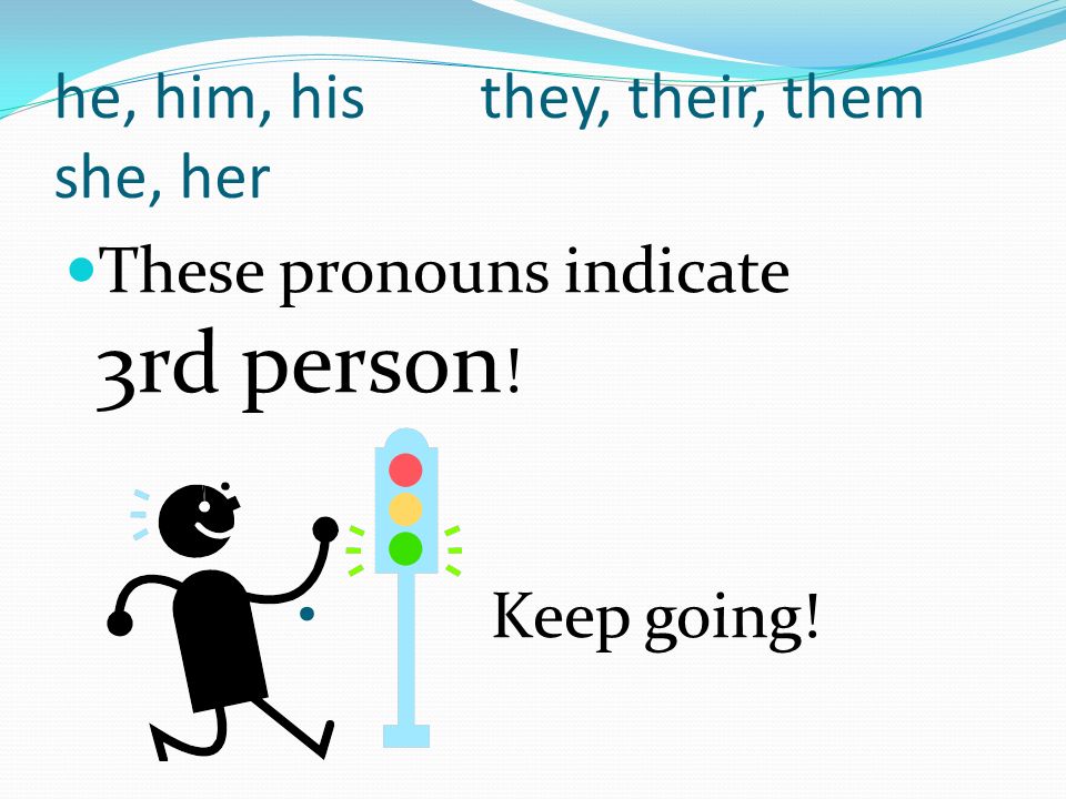 he, him, histhey, their, them she, her These pronouns indicate 3rd person ! Keep going!