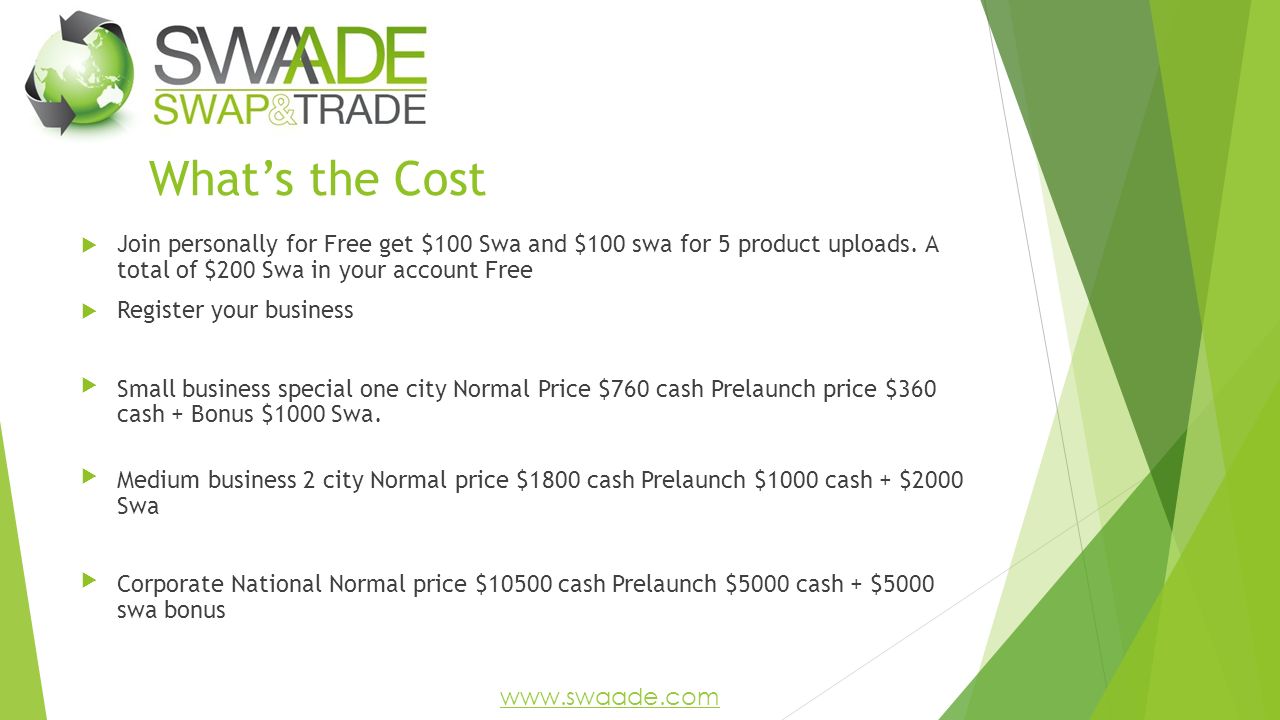 What’s the Cost  Join personally for Free get $100 Swa and $100 swa for 5 product uploads.