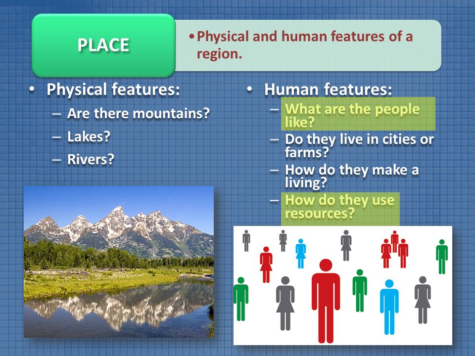 Physical features: Physical features: – Are there mountains.