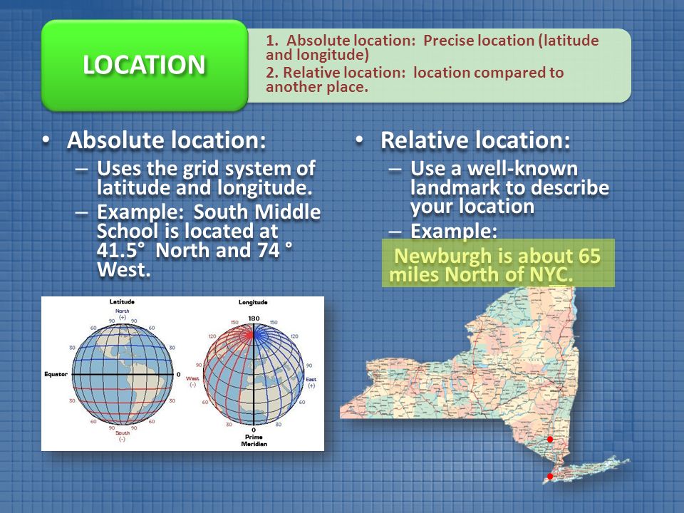 Absolute location: Absolute location: – Uses the grid system of latitude and longitude.