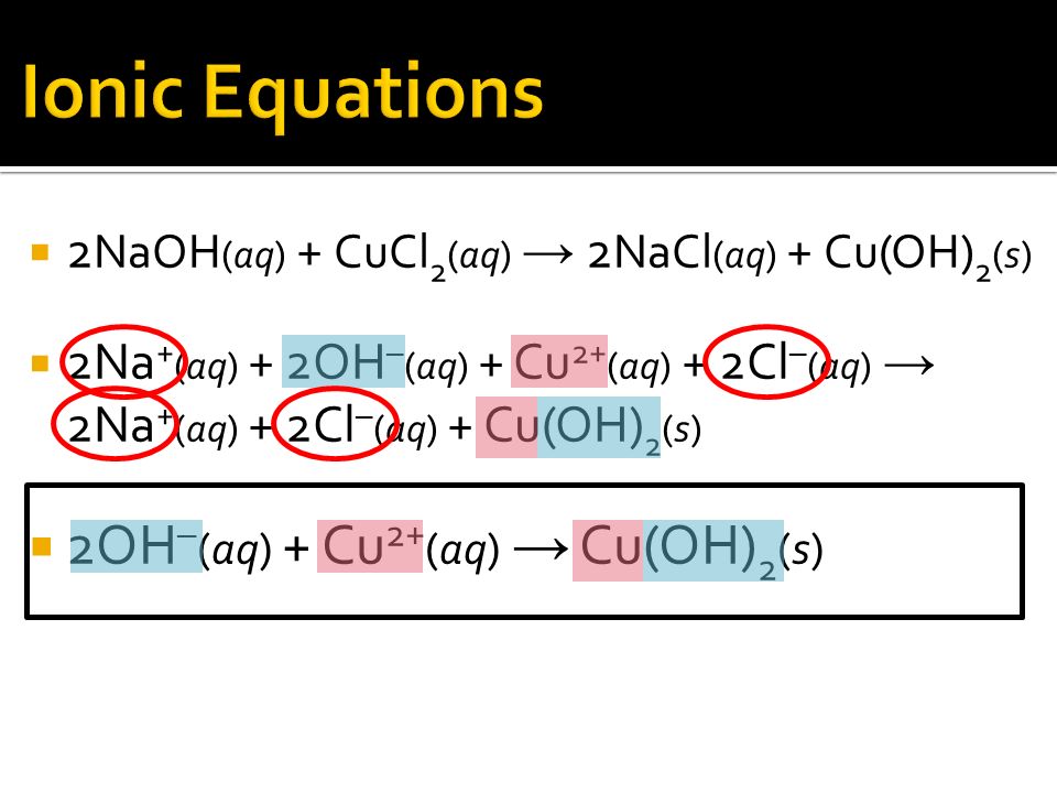  2 NaOH (aq) + CuCl 2 (aq) → 2 NaCl (aq) + Cu(OH) 2 (s)  2Na + (aq) + 2OH – (aq) + Cu 2+ (aq) + 2Cl – (aq) → 2Na + (aq) + 2Cl – (aq) + Cu(OH) 2 (s)  2OH – (aq) + Cu 2+ (aq) → Cu(OH) 2 (s)