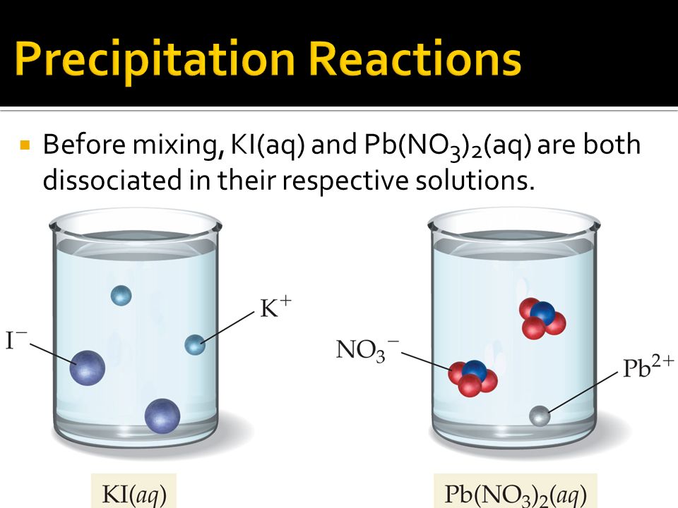  Before mixing, KI(aq) and Pb(NO 3 ) 2 (aq) are both dissociated in their respective solutions.