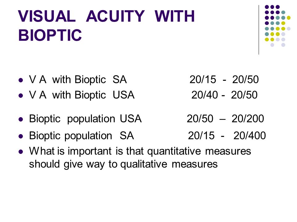 VISUAL ACUITY WITH BIOPTIC V A with Bioptic SA 20/ /50 V A with Bioptic USA 20/ /50 Bioptic population USA 20/50 – 20/200 Bioptic population SA 20/ /400 What is important is that quantitative measures should give way to qualitative measures