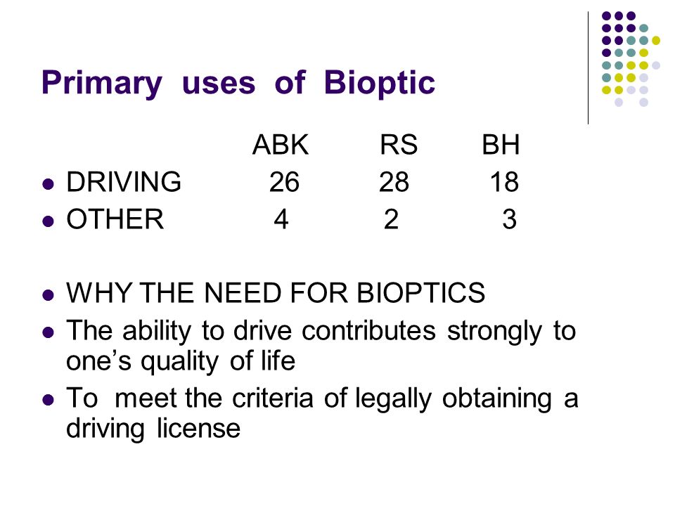 Primary uses of Bioptic ABK RS BH DRIVING OTHER WHY THE NEED FOR BIOPTICS The ability to drive contributes strongly to one’s quality of life To meet the criteria of legally obtaining a driving license