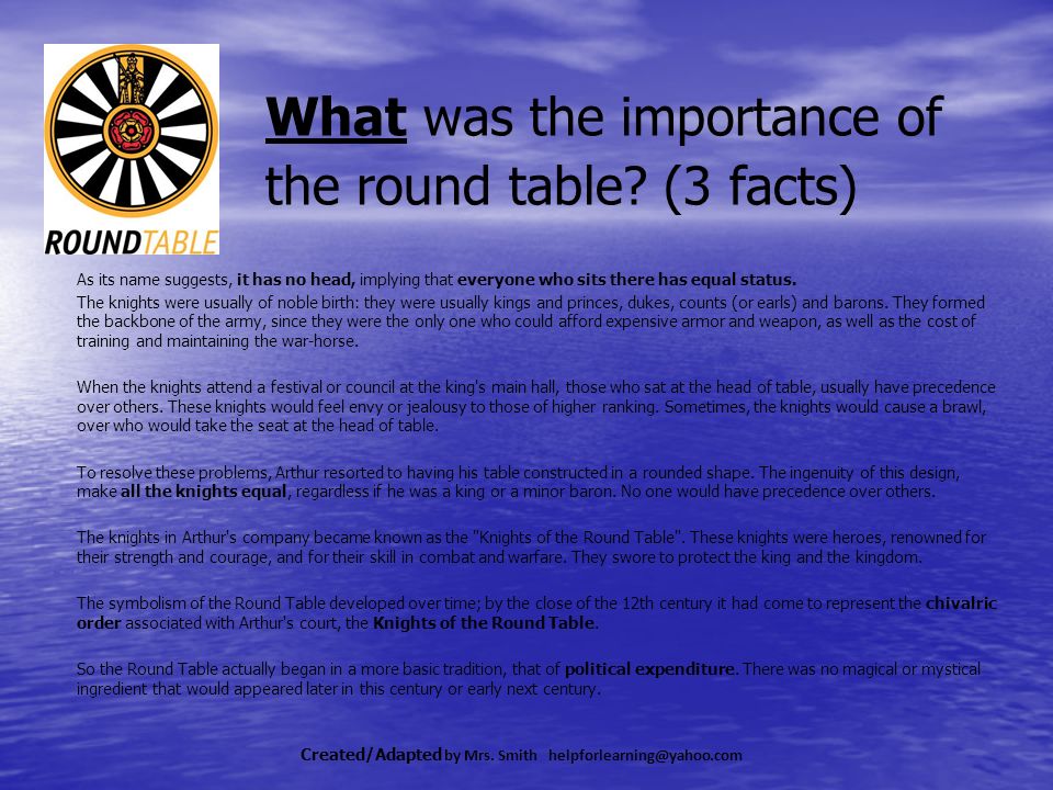The Legend Of King Arthur Challenge 1 Created Adapted By Mrs What Was The Importance Of Round Table