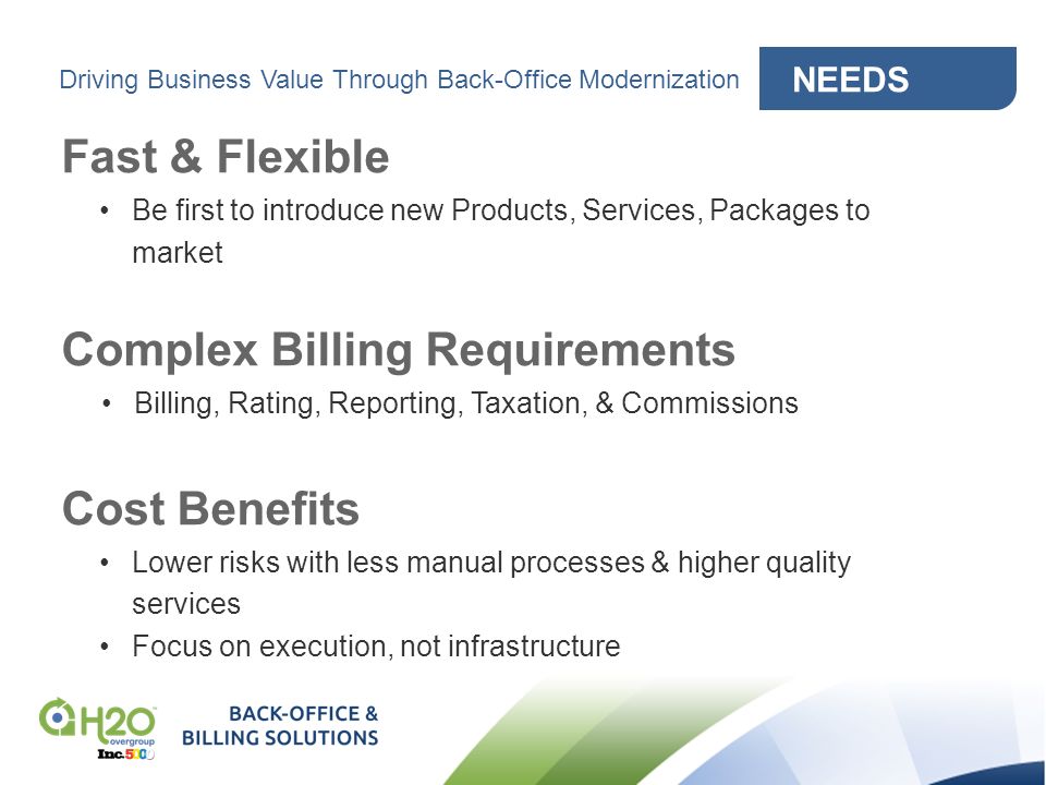 NEEDS Driving Business Value Through Back-Office Modernization Fast & Flexible Be first to introduce new Products, Services, Packages to market Complex Billing Requirements Billing, Rating, Reporting, Taxation, & Commissions Cost Benefits Lower risks with less manual processes & higher quality services Focus on execution, not infrastructure