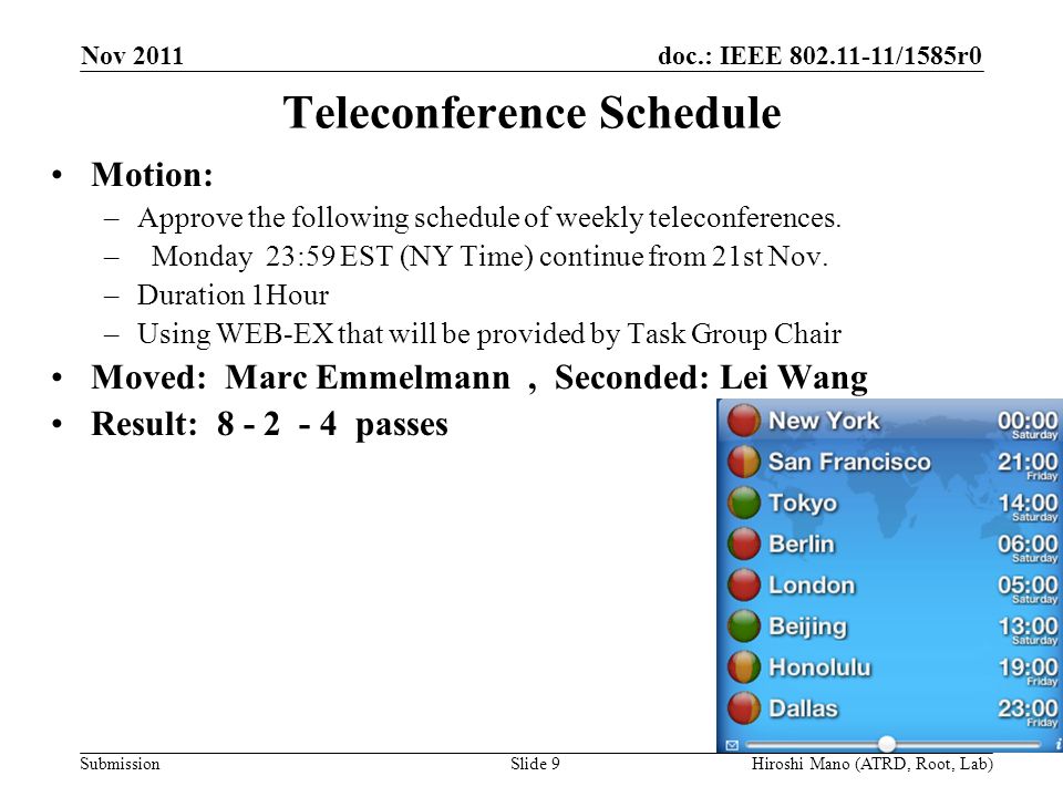 doc.: IEEE /1585r0 Submission Teleconference Schedule Motion: –Approve the following schedule of weekly teleconferences.