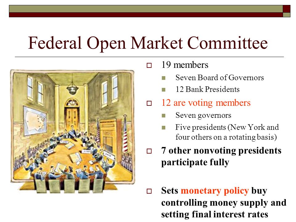 Federal Open Market Committee  19 members Seven Board of Governors 12 Bank Presidents  12 are voting members Seven governors Five presidents (New York and four others on a rotating basis)  7 other nonvoting presidents participate fully  Sets monetary policy buy controlling money supply and setting final interest rates