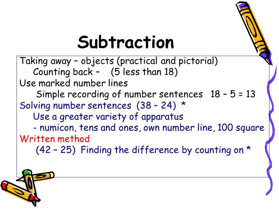 Subtraction Taking away – objects (practical and pictorial) Counting back – (5 less than 18) Use marked number lines Simple recording of number sentences 18 – 5 = 13 Solving number sentences (38 – 24) * Use a greater variety of apparatus - numicon, tens and ones, own number line, 100 square Written method (42 – 25) Finding the difference by counting on *