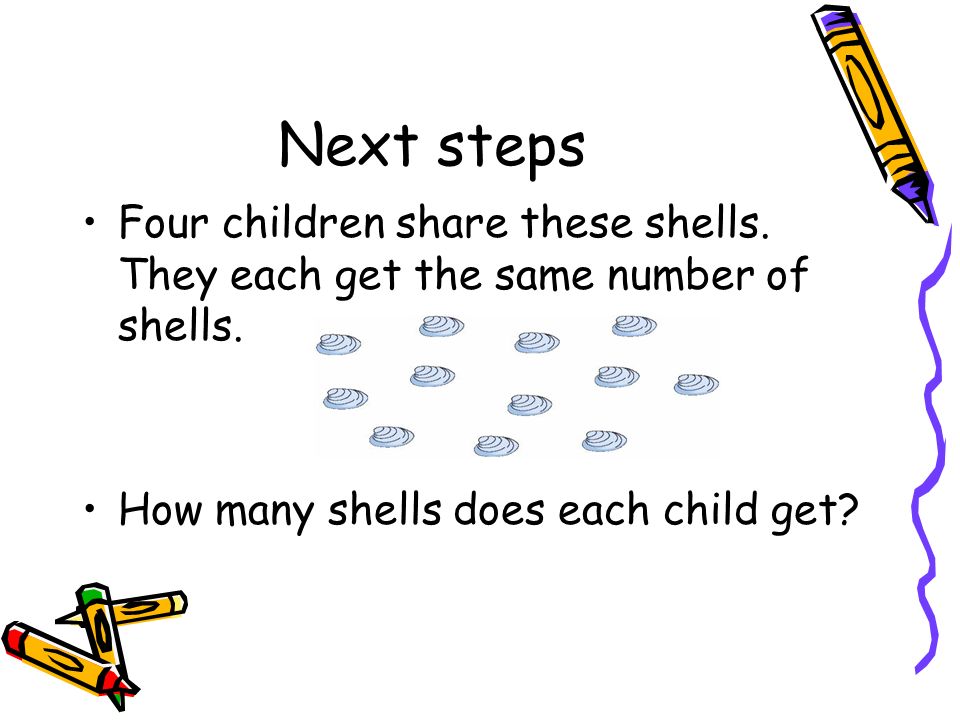 Next steps Four children share these shells. They each get the same number of shells.