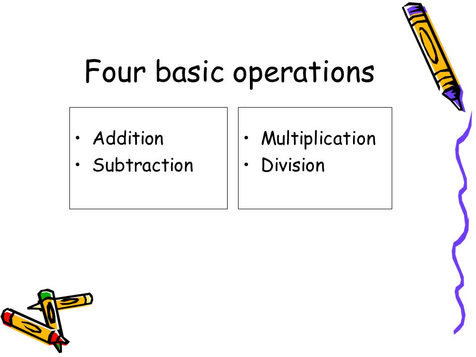 Four basic operations Addition Subtraction Multiplication Division