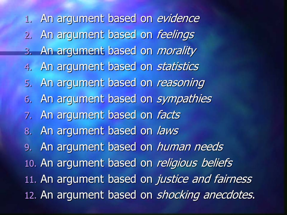 1. An argument based on evidence 2. An argument based on feelings 3.