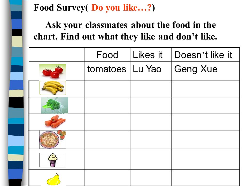 Make a survey ( 做调查） and fill in the form with the answers.