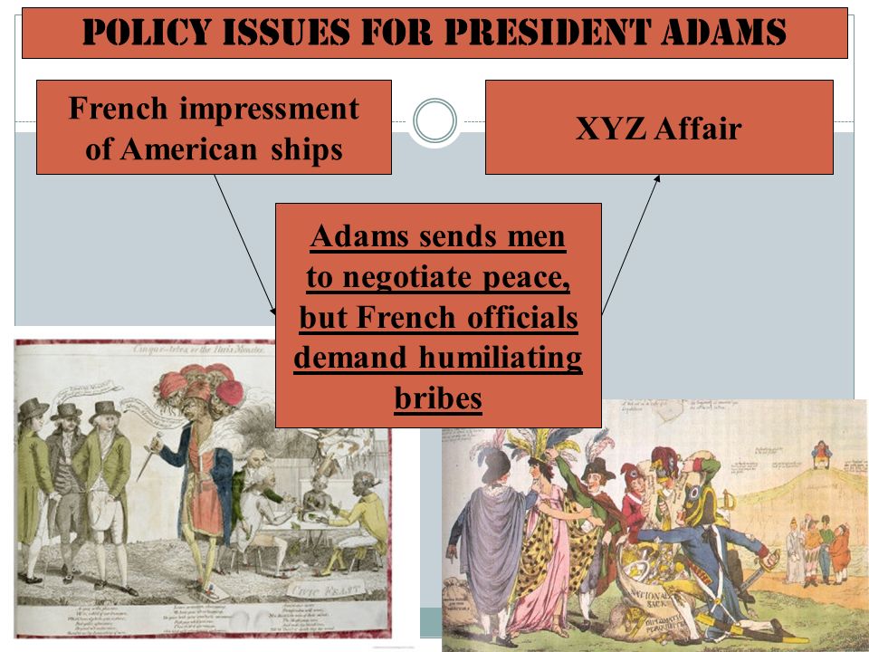 Policy Issues for President Adams Adams sends men to negotiate peace, but French officials demand humiliating bribes French impressment of American ships XYZ Affair