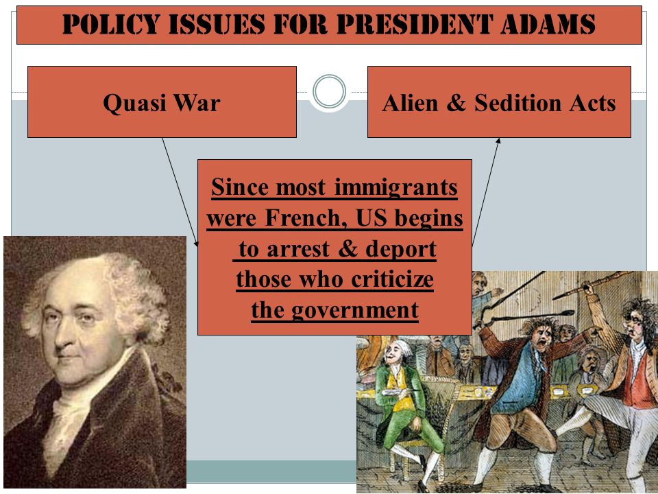 Policy Issues for President Adams Since most immigrants were French, US begins to arrest & deport those who criticize the government Quasi WarAlien & Sedition Acts