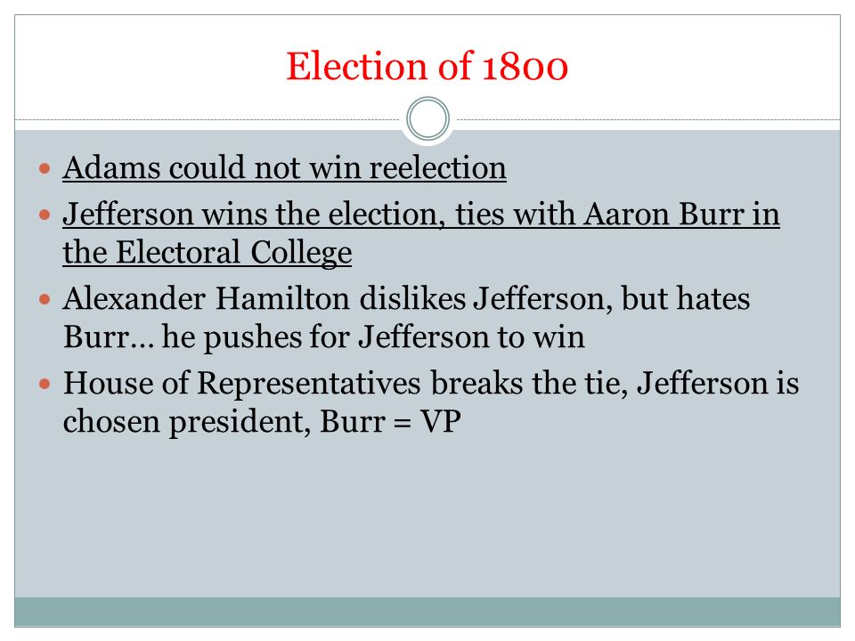 Election of 1800 Adams could not win reelection Jefferson wins the election, ties with Aaron Burr in the Electoral College Alexander Hamilton dislikes Jefferson, but hates Burr… he pushes for Jefferson to win House of Representatives breaks the tie, Jefferson is chosen president, Burr = VP