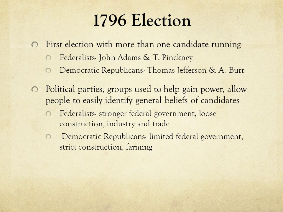 1796 Election First election with more than one candidate running Federalists- John Adams & T.