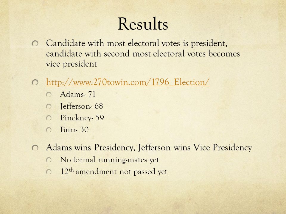Results Candidate with most electoral votes is president, candidate with second most electoral votes becomes vice president   Adams- 71 Jefferson- 68 Pinckney- 59 Burr- 30 Adams wins Presidency, Jefferson wins Vice Presidency No formal running-mates yet 12 th amendment not passed yet