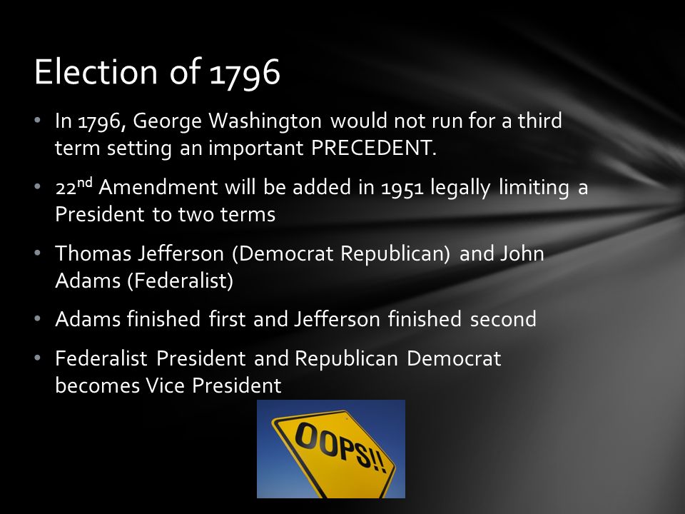In 1796, George Washington would not run for a third term setting an important PRECEDENT.