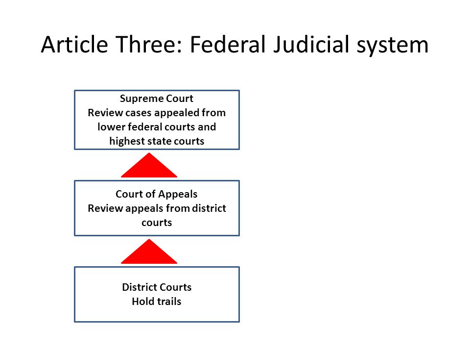 Article Three: Federal Judicial system Supreme Court Review cases appealed from lower federal courts and highest state courts District Courts Hold trails Court of Appeals Review appeals from district courts