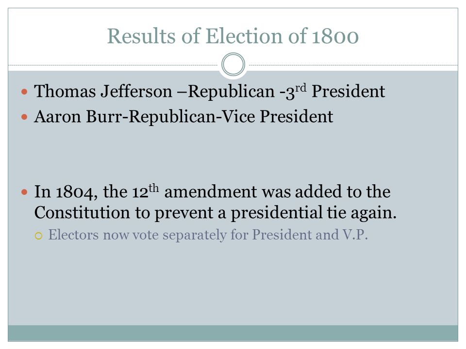 Results of Election of 1800 Thomas Jefferson –Republican -3 rd President Aaron Burr-Republican-Vice President In 1804, the 12 th amendment was added to the Constitution to prevent a presidential tie again.