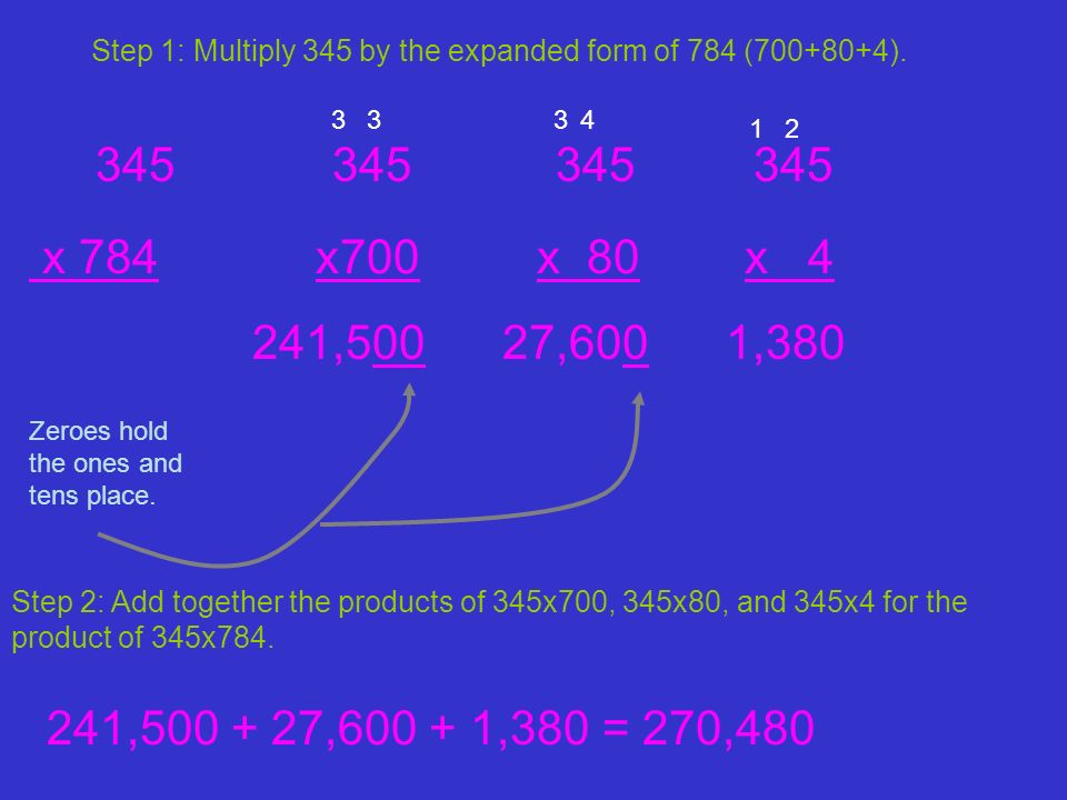 x 784 x700 x 80 x 4 241,500 27,600 1, , , ,380 = 270, Step 1: Multiply 345 by the expanded form of 784 ( ).