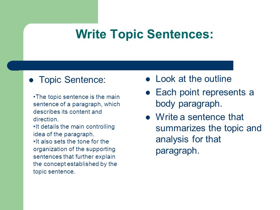 Write Topic Sentences: Topic Sentence: Look at the outline Each point represents a body paragraph.