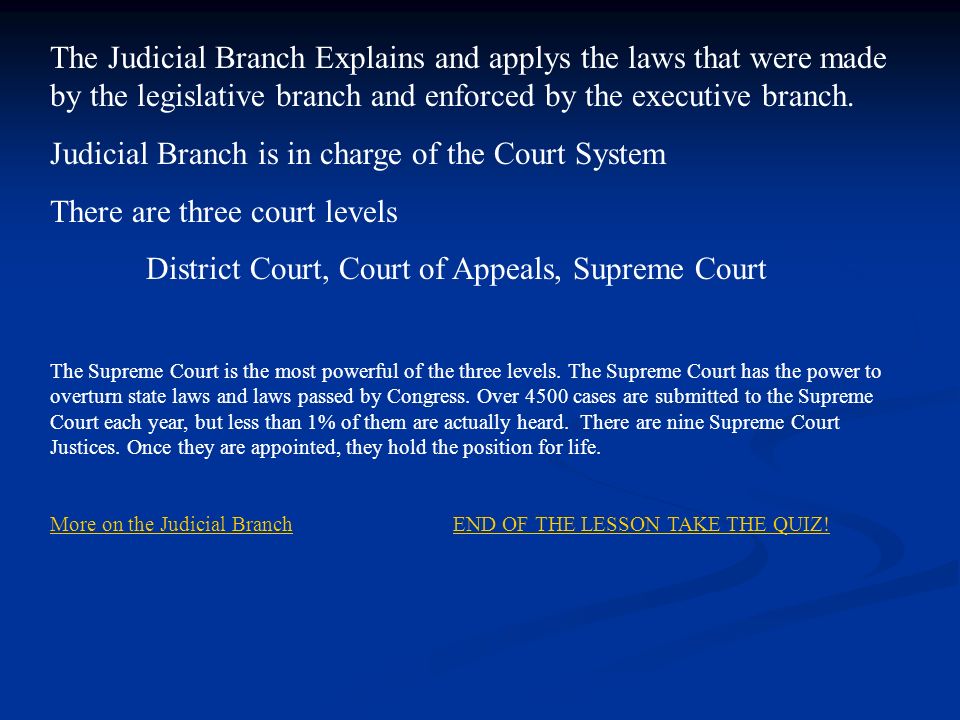 The Judicial Branch Explains and applys the laws that were made by the legislative branch and enforced by the executive branch.