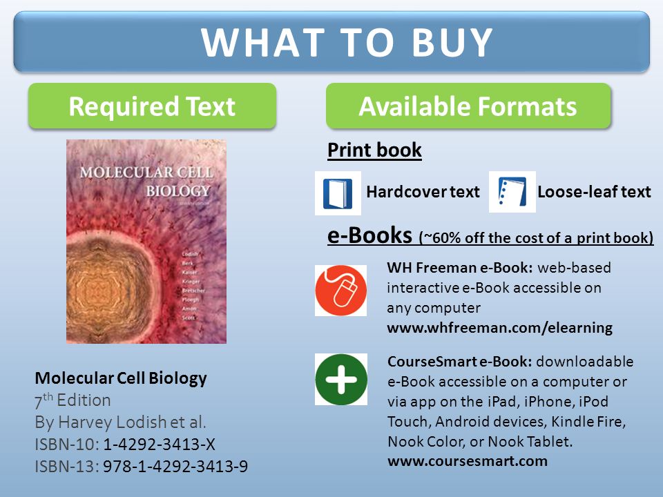 Required Text Available Formats Hardcover text WH Freeman e-Book: web-based interactive e-Book accessible on any computer   WHAT TO BUY Molecular Cell Biology 7 th Edition By Harvey Lodish et al.