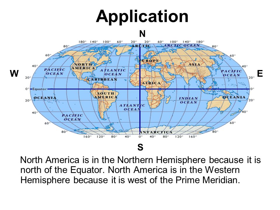 Application N W E S North America is in the Northern Hemisphere because it is north of the Equator.