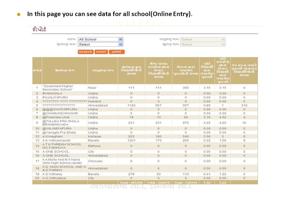 In this page you can see data for all school(Online Entry).