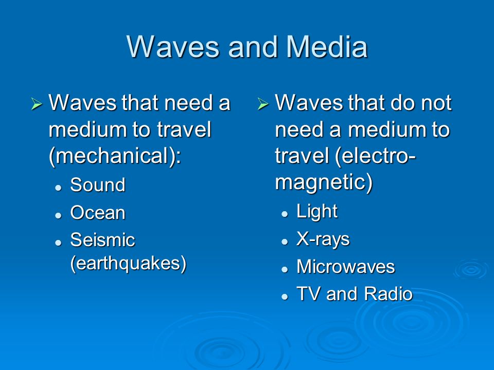 Waves and Media  Waves that need a medium to travel (mechanical): Sound Sound Ocean Ocean Seismic (earthquakes) Seismic (earthquakes)  Waves that do not need a medium to travel (electro- magnetic) Light X-rays Microwaves TV and Radio