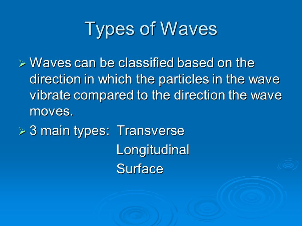 Types of Waves  Waves can be classified based on the direction in which the particles in the wave vibrate compared to the direction the wave moves.