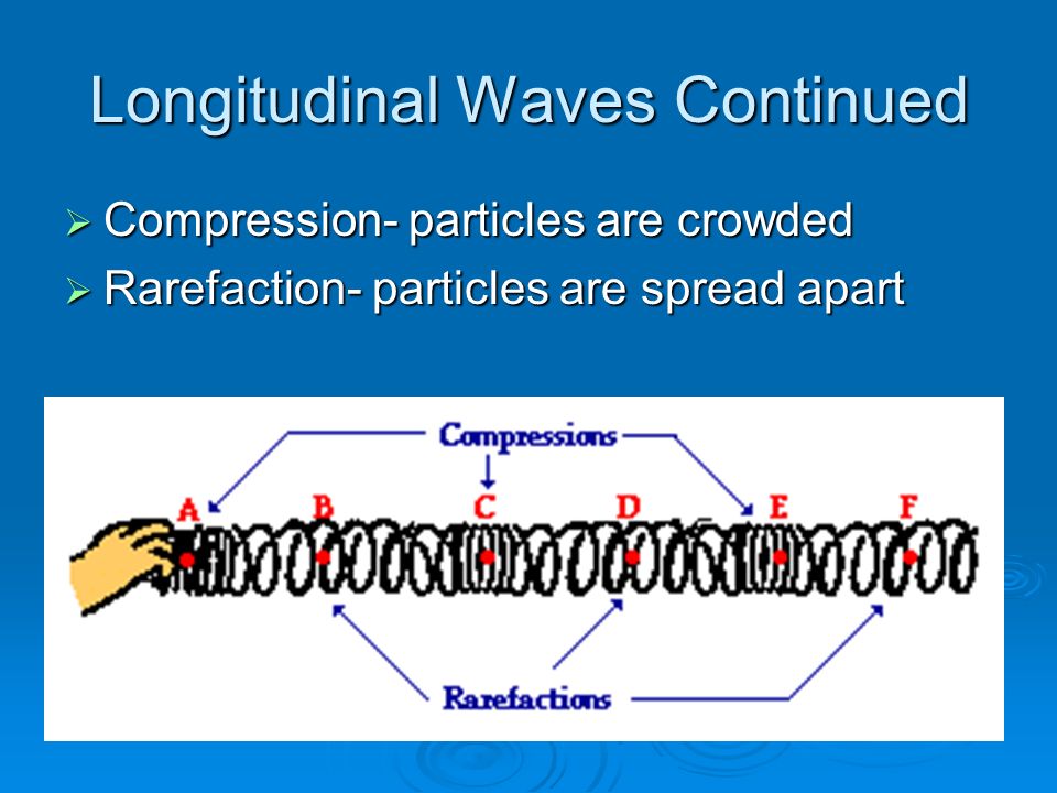 Longitudinal Waves Continued  Compression- particles are crowded  Rarefaction- particles are spread apart