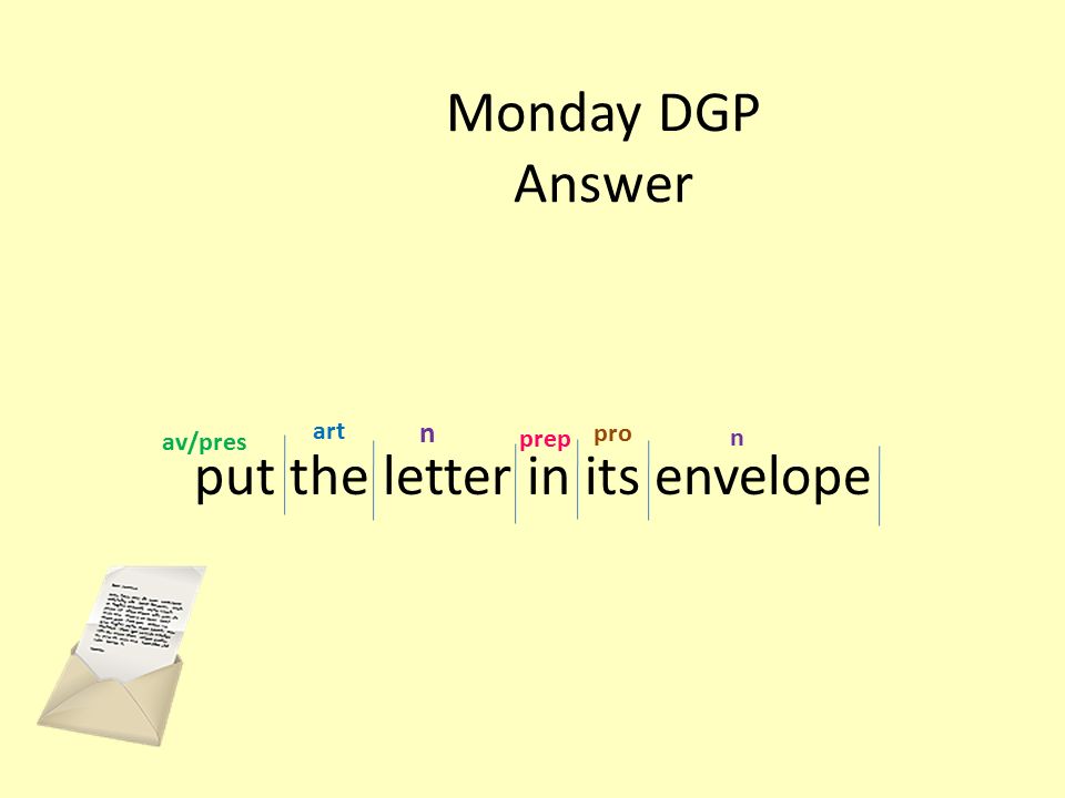 Monday DGP Answer put the letter in its envelope n av/pres pro prep n art